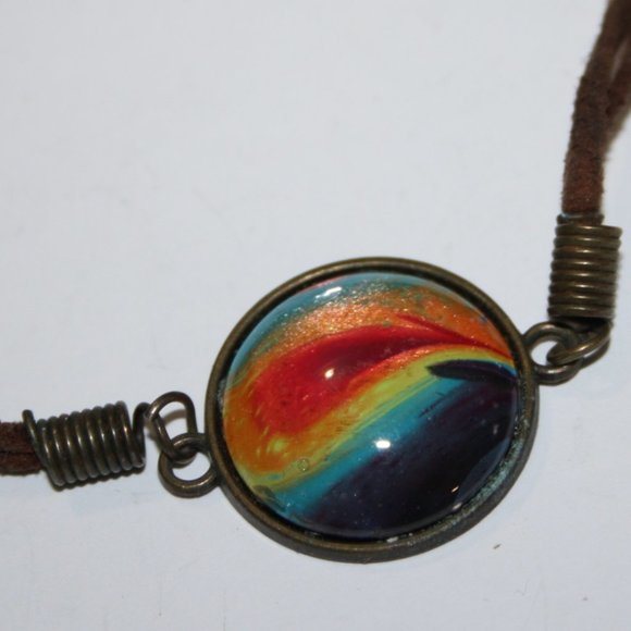 Beautiful brown cord and colorful bronze bracelet 7-9" - Picture 1 of 3